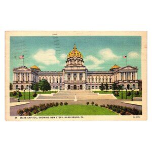 Vintage 1940 Harrisburg PA State Capitol Linen Postcard  Postmark USA Roadside